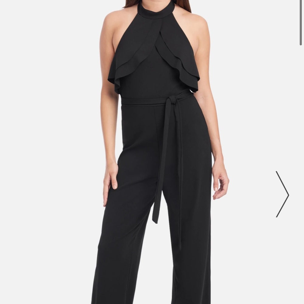 Black Bebe Double Ruffle Halter Jumpsuit